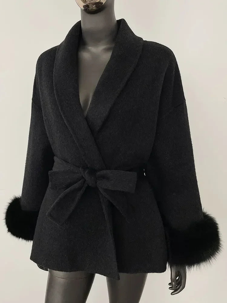 2024 New Winter Jacket for Women Natural Fox Fur Collar Thickened Warm Cashmere Wool Double-sided Coat Fashion V-neck Commuting