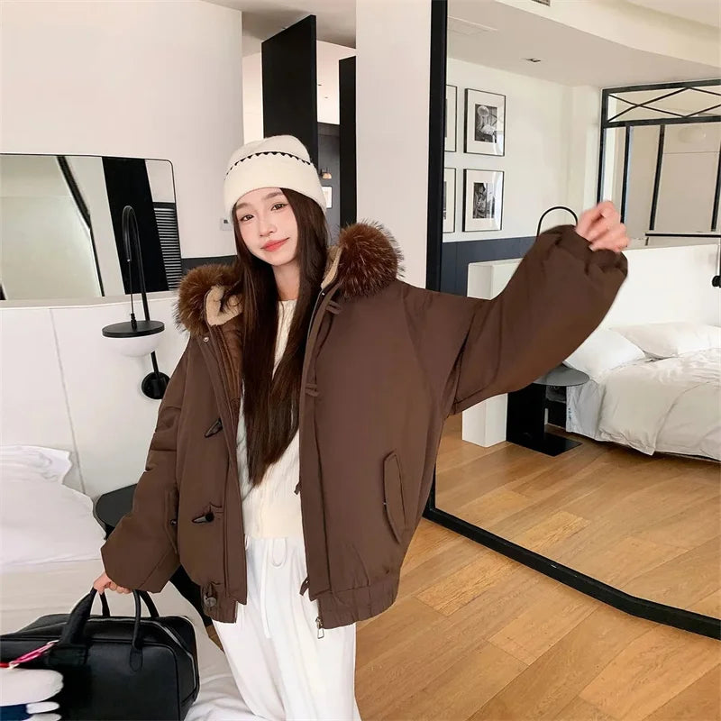 Warm Down jacket Ladies Pai Overcome Winter 2025 New Cotton Padded Coat Women Parkas Horn Hooded Outcoat Big fur collar Overcoat