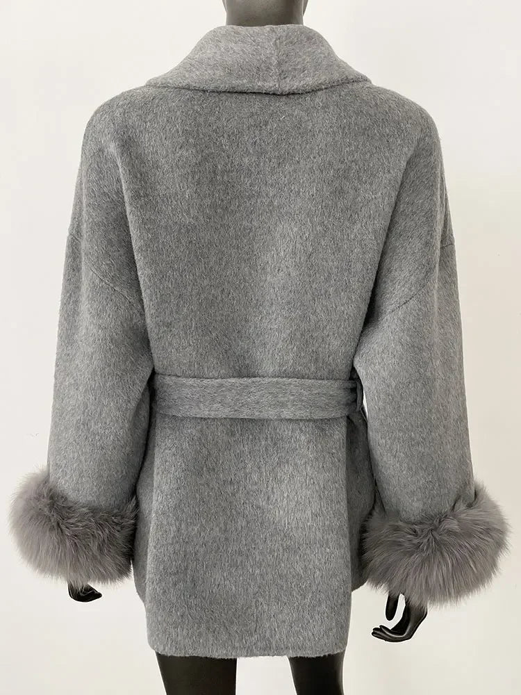 2024 New Winter Jacket for Women Natural Fox Fur Collar Thickened Warm Cashmere Wool Double-sided Coat Fashion V-neck Commuting