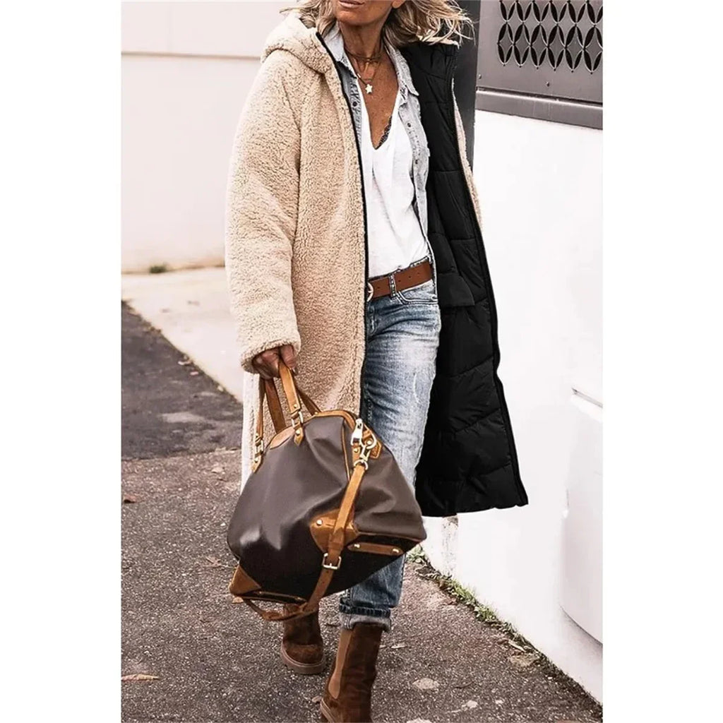 Winter Hooded Quilted Jacket For Women Solid Reversible Long Sleeve Thick Coat Warm Fashion Long Outerwear Casual Puffer Coats