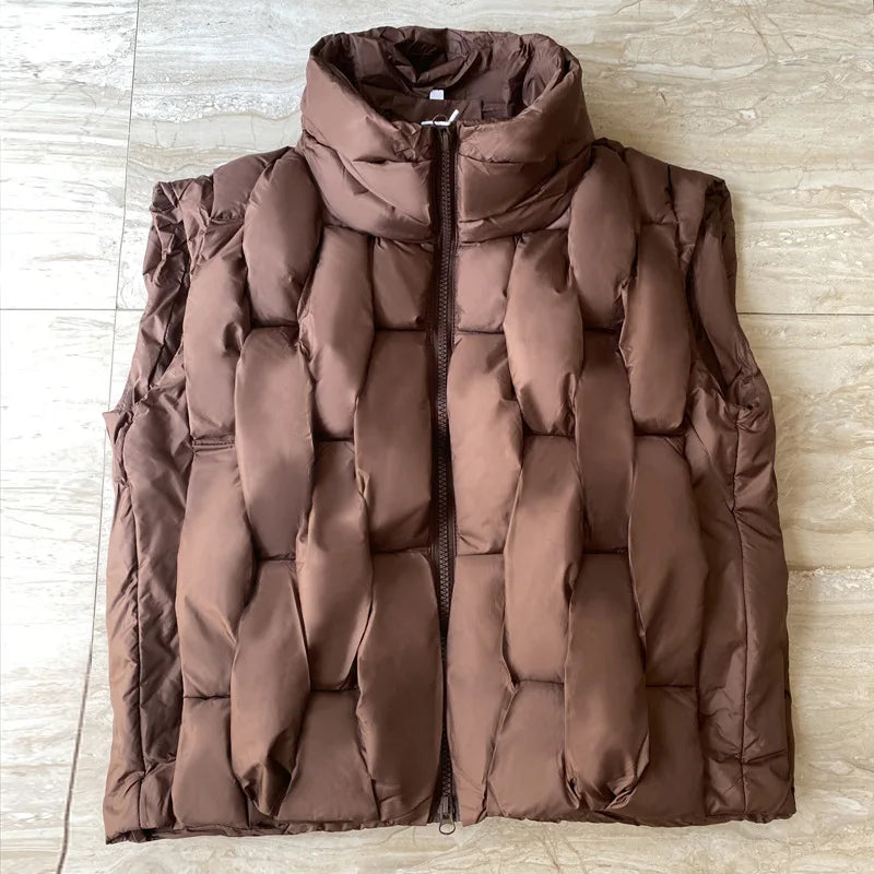 Winter Vest for Women Three-dimensional Plaid Woven Fashion Sleeveless Coat Solid High Street Warm Thick 2024 Waistcoat Jacket