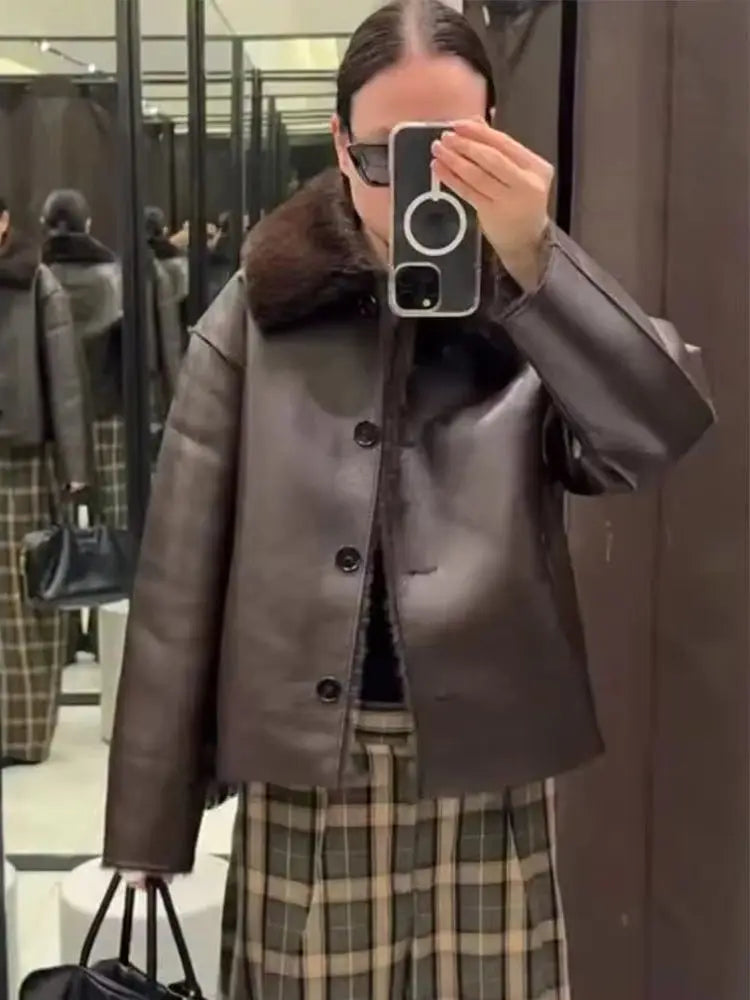 HH Winter Woman Long Sleeves Loose Slim Coat Women Warm Reversible Faux Leather Lapel Single-Breasted Pocket Decoration Jacket