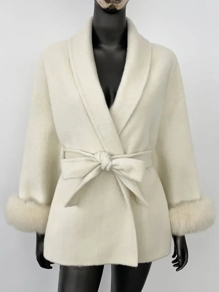 2024 New Winter Jacket for Women Natural Fox Fur Collar Thickened Warm Cashmere Wool Double-sided Coat Fashion V-neck Commuting