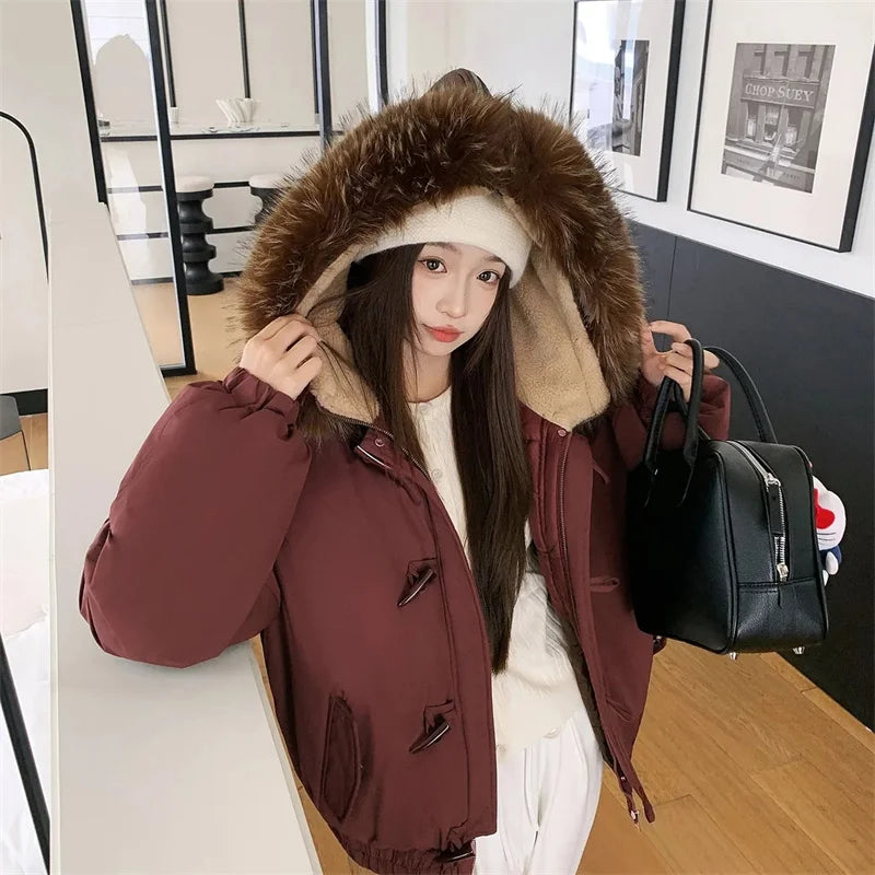 Warm Down jacket Ladies Pai Overcome Winter 2025 New Cotton Padded Coat Women Parkas Horn Hooded Outcoat Big fur collar Overcoat
