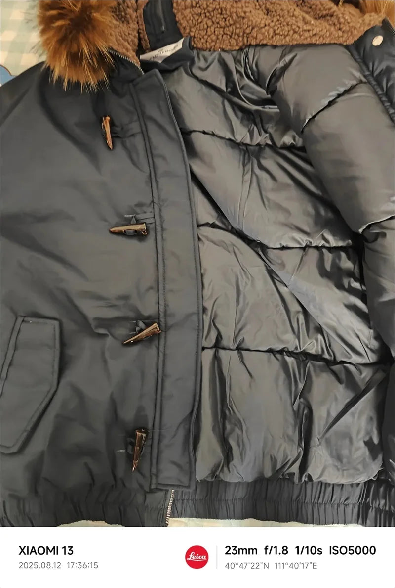 Warm Down jacket Ladies Pai Overcome Winter 2025 New Cotton Padded Coat Women Parkas Horn Hooded Outcoat Big fur collar Overcoat