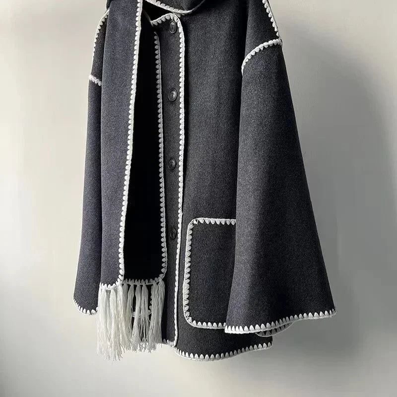 Winter Woolen Jacket New Contrast Color Embroidery Scarf Coats for Women