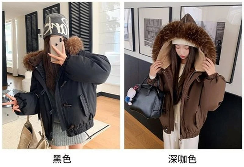 Warm Down jacket Ladies Pai Overcome Winter 2025 New Cotton Padded Coat Women Parkas Horn Hooded Outcoat Big fur collar Overcoat