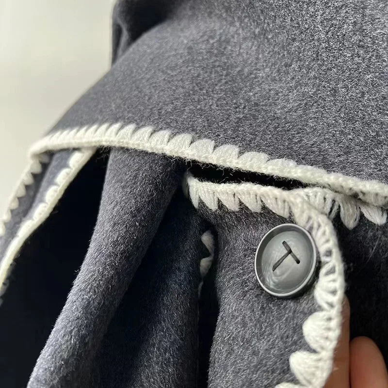 Winter Woolen Jacket New Contrast Color Embroidery Scarf Coats for Women