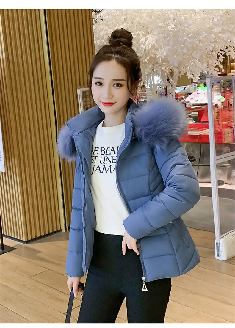 Fashion Winter Jacket Women 2025 New Korean Big Fur Collar Hooded Thick Down Parkas Female Short Coat Slim Warm Outerwear R047
