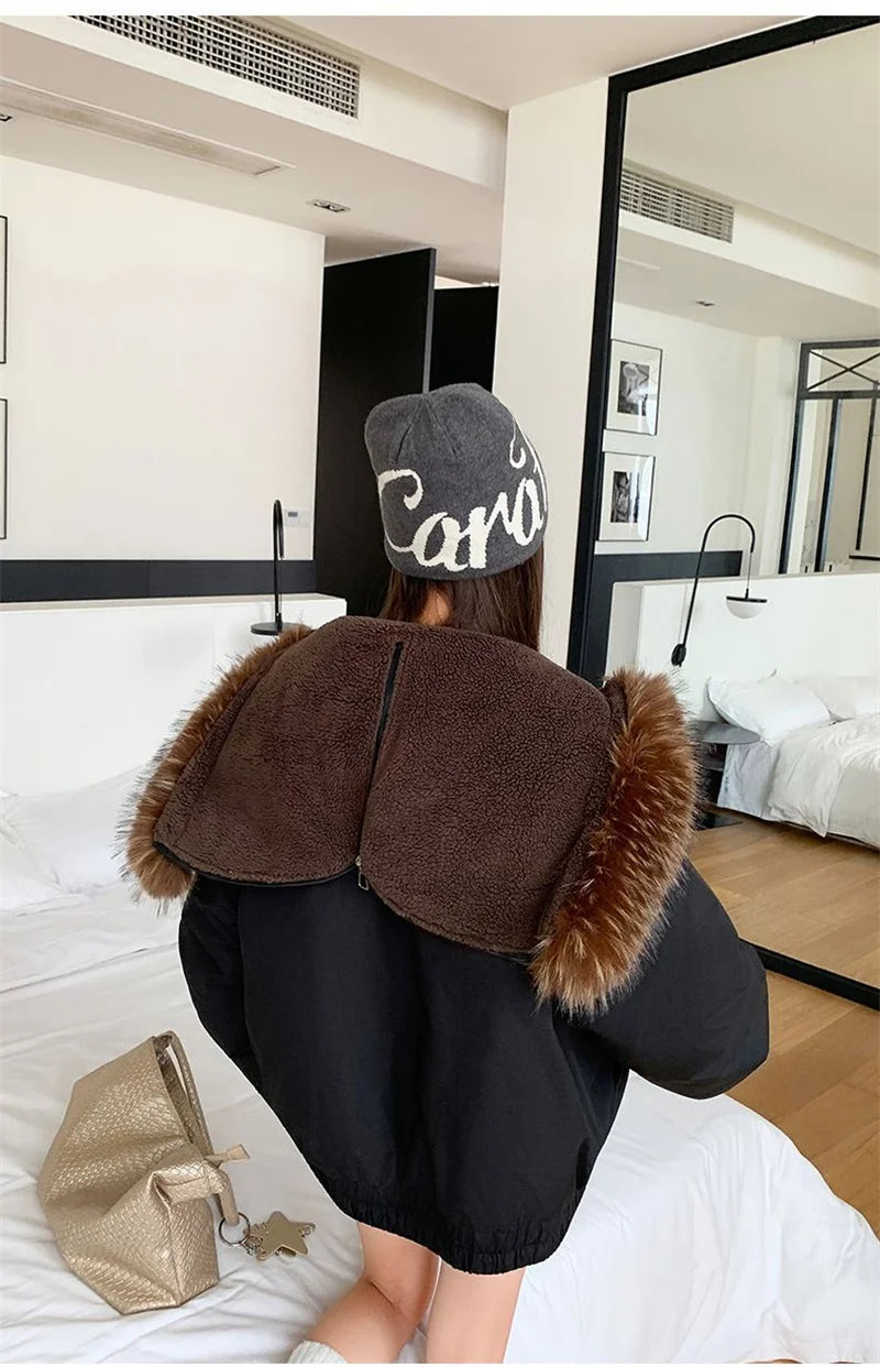 Warm Down jacket Ladies Pai Overcome Winter 2025 New Cotton Padded Coat Women Parkas Horn Hooded Outcoat Big fur collar Overcoat