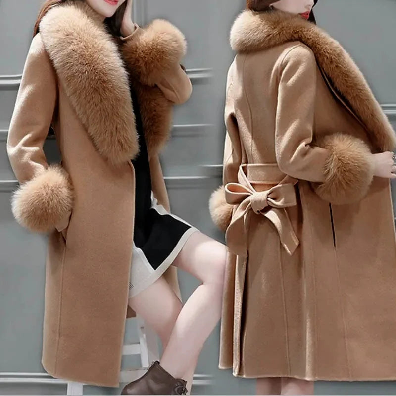 2025 Winter Jacket Women Long Natural Wool Blends Cashmere Real Fur Coat Double Breasted Belt Warm Streetwear New Fashion