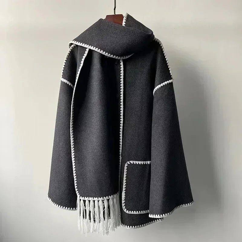 Winter Woolen Jacket New Contrast Color Embroidery Scarf Coats for Women