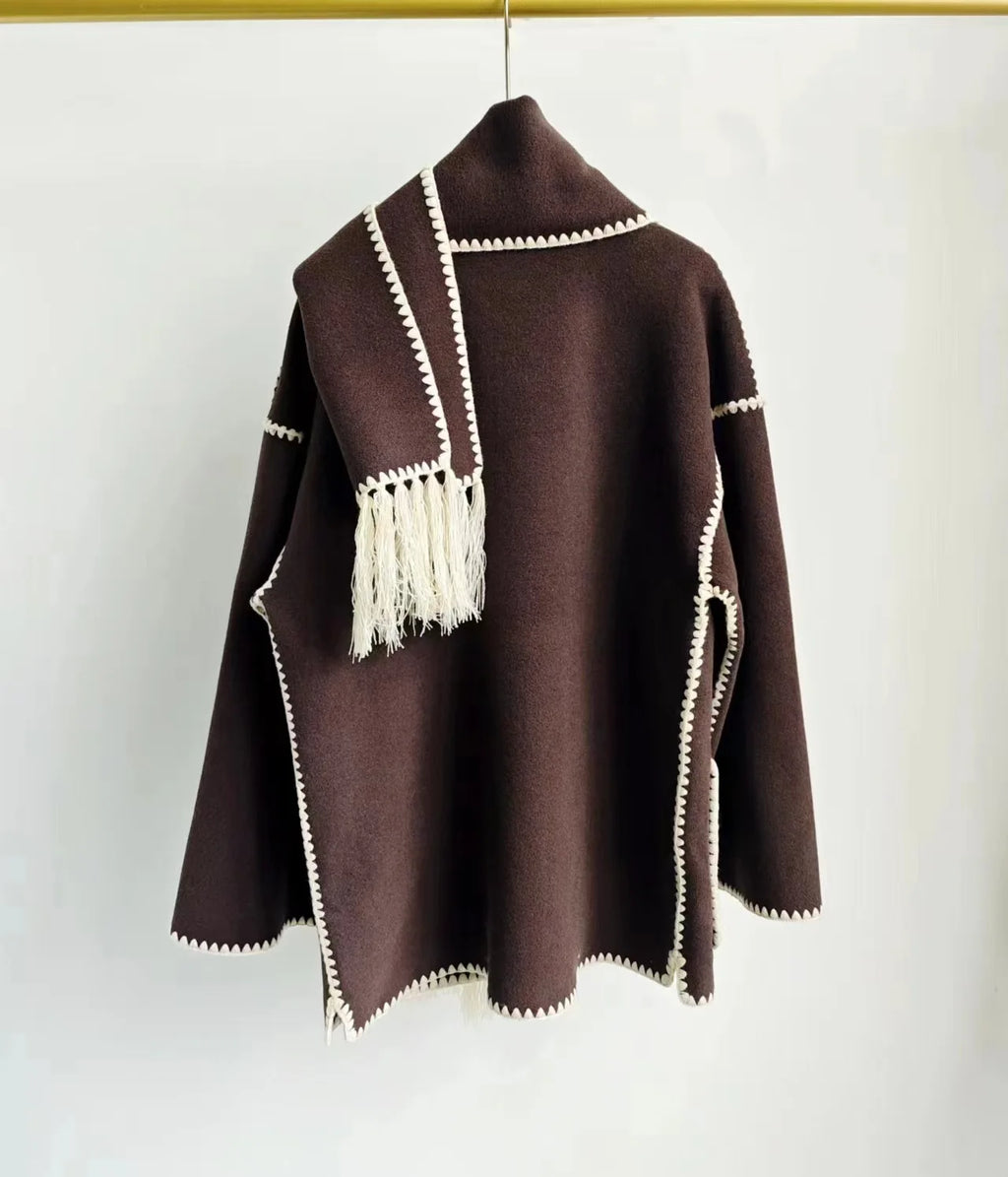 Winter Woolen Jacket New Contrast Color Embroidery Scarf Coats for Women