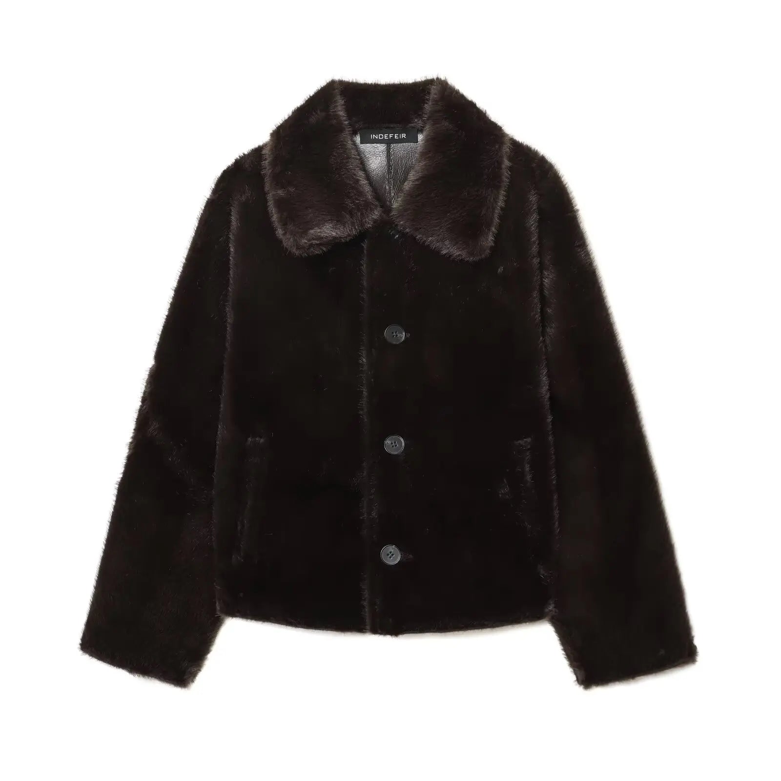 HH Winter Woman Long Sleeves Loose Slim Coat Women Warm Reversible Faux Leather Lapel Single-Breasted Pocket Decoration Jacket