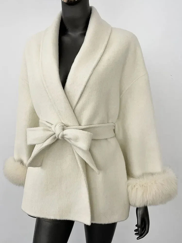 2024 New Winter Jacket for Women Natural Fox Fur Collar Thickened Warm Cashmere Wool Double-sided Coat Fashion V-neck Commuting