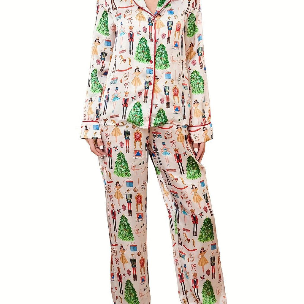 Satin Christmas Pajamas Set For Women, Cute Santa Claus Pjs Button Up Shirt+Pants, 2 Piece Xmas Jammies
