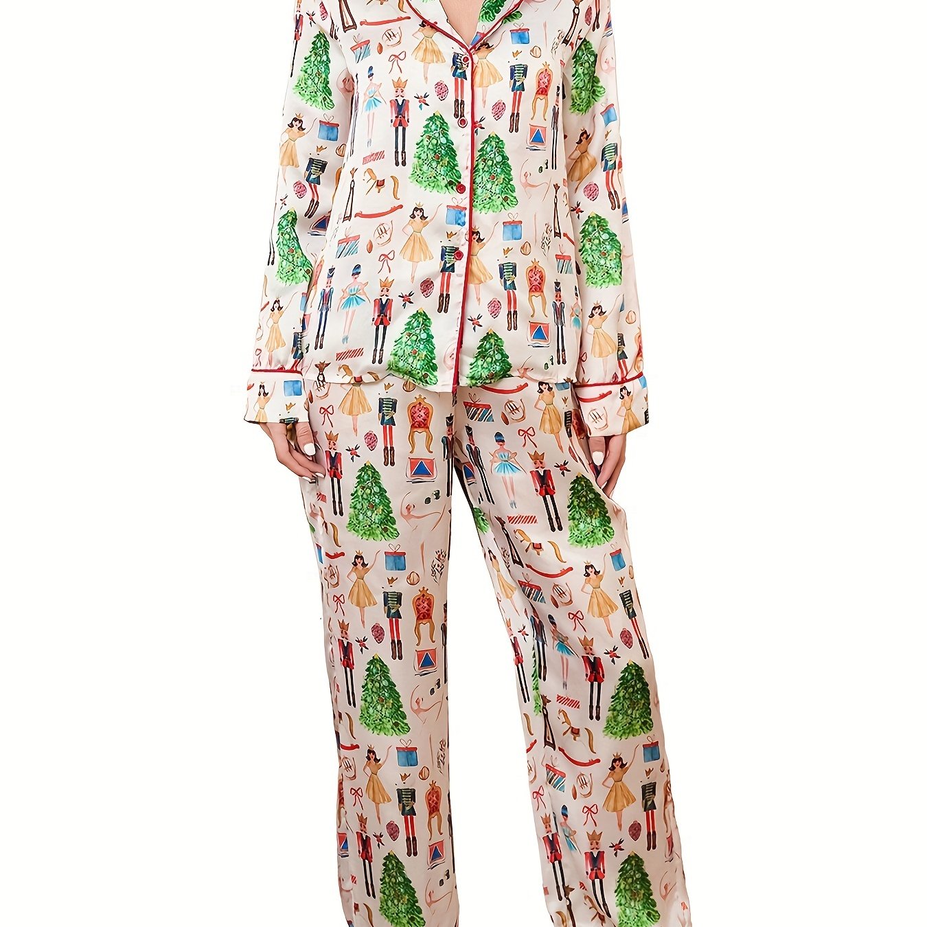 Satin Christmas Pajamas Set For Women, Cute Santa Claus Pjs Button Up Shirt+Pants, 2 Piece Xmas Jammies