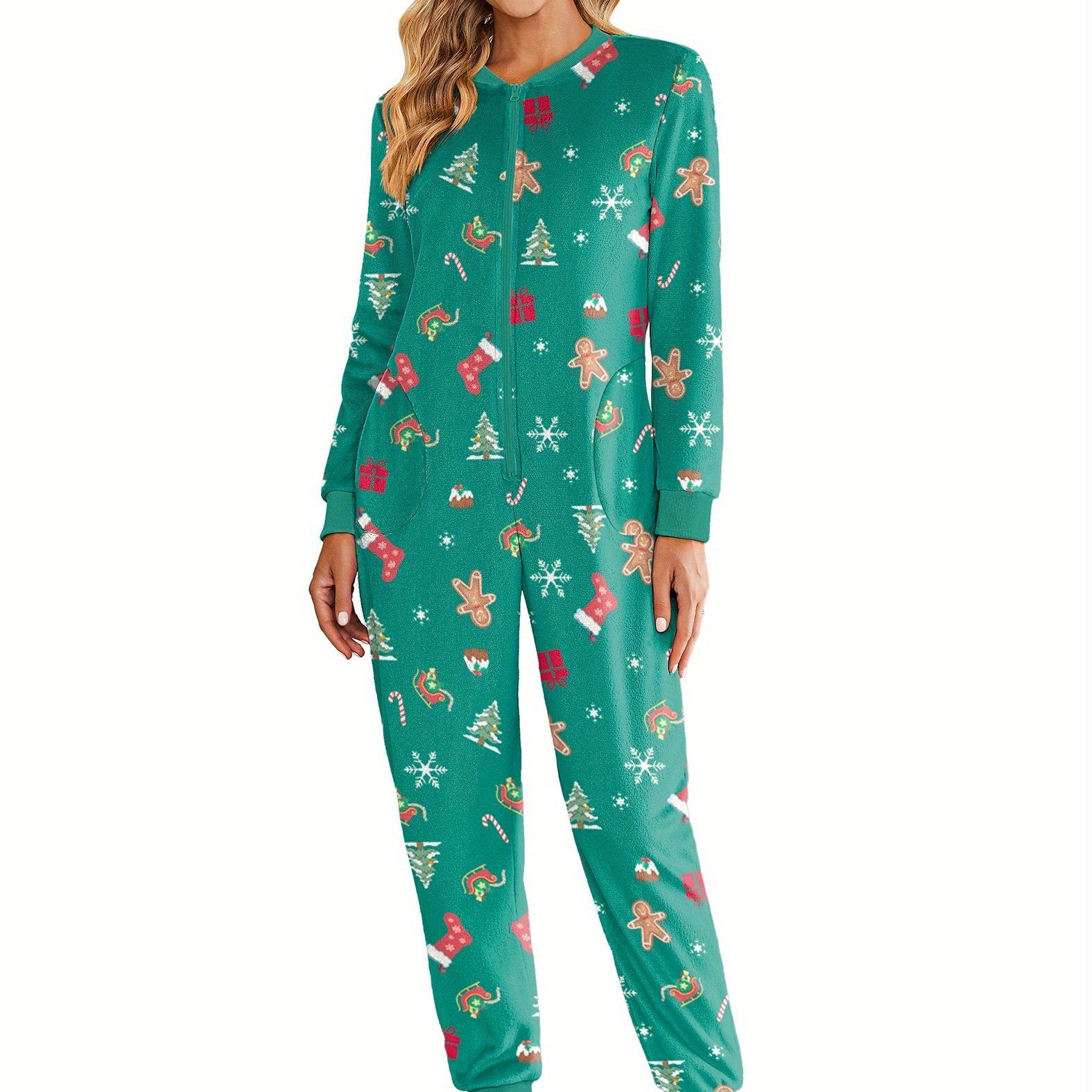 Christmas Pajamas for Family Fleece Long Sleeve Pjs Onesie Jumpsuit with Pockets Zipper Front Sleepwear S-XXL