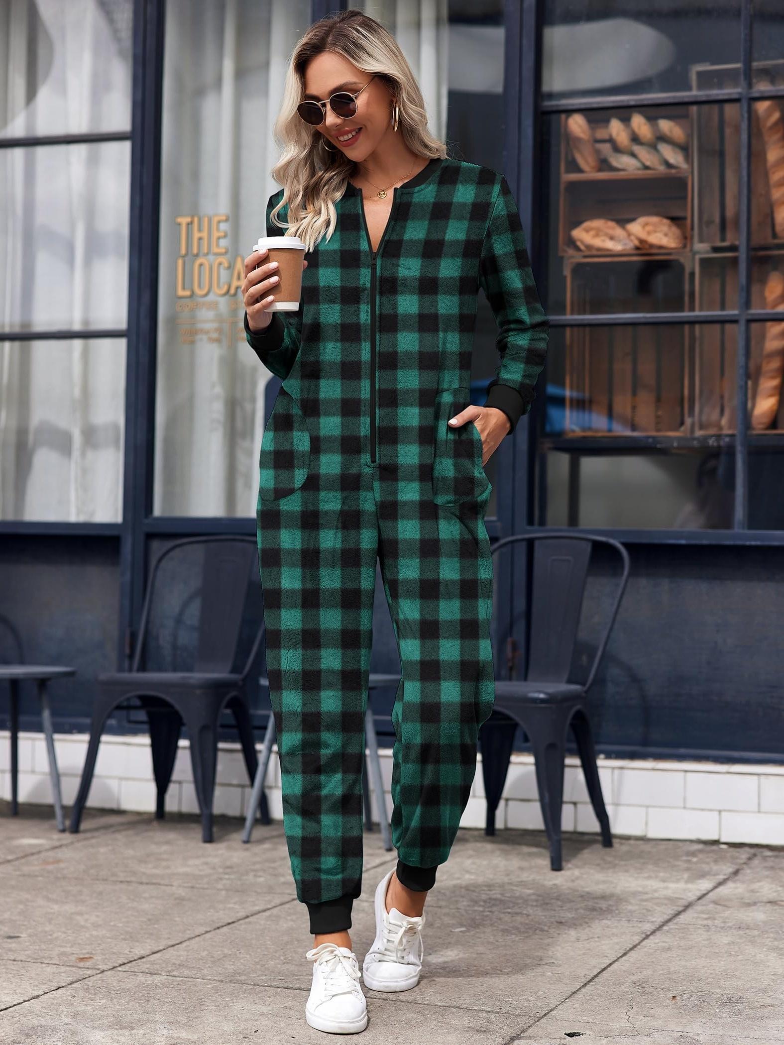 Christmas Pajamas for Family Fleece Long Sleeve Pjs Onesie Jumpsuit with Pockets Zipper Front Sleepwear S-XXL