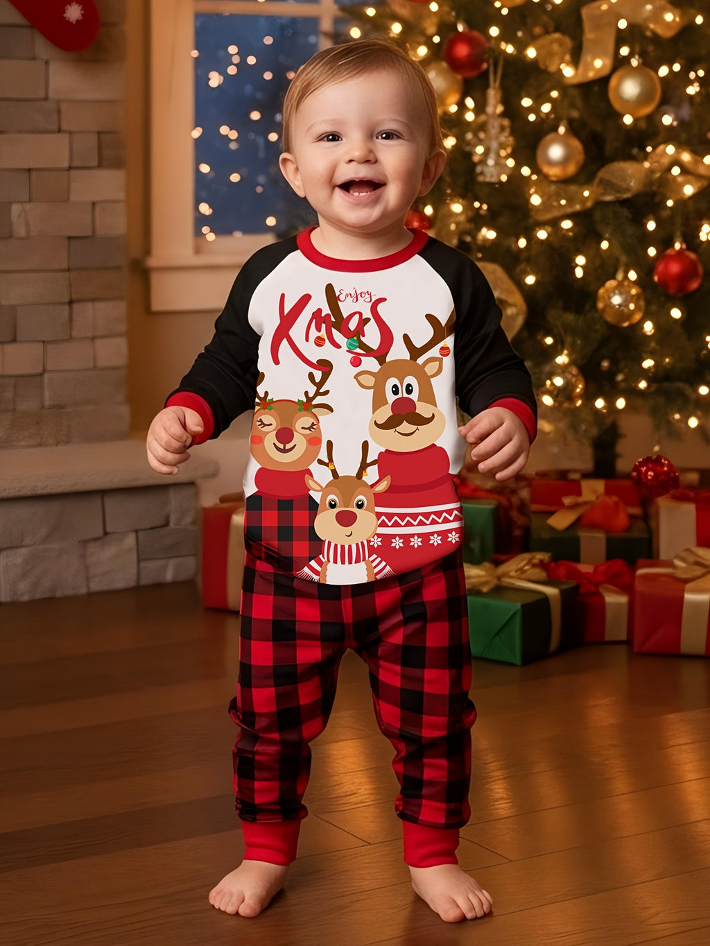 MOSSRIVER Christmas Family Matching Soft Reindeer Print Pajama Set - Cozy Long Sleeve & Pants, Red & Black Plaid Design with Santa & Reindeer, Perfect for Holiday Celebrations, All-Season Comfort, Christmas Pajamas, Christmas