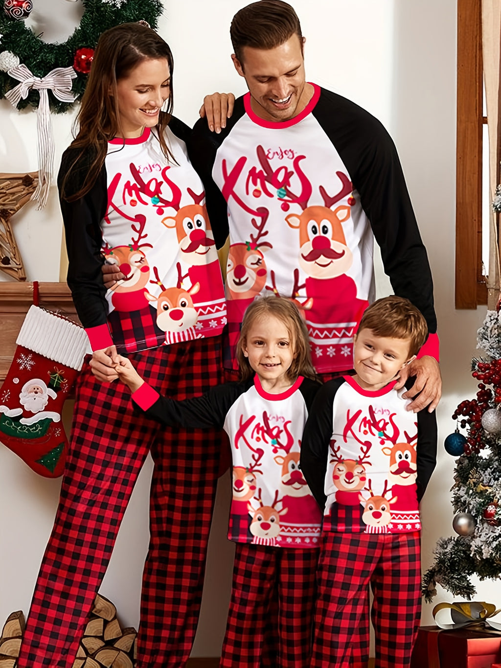 MOSSRIVER Christmas Family Matching Soft Reindeer Print Pajama Set - Cozy Long Sleeve & Pants, Red & Black Plaid Design with Santa & Reindeer, Perfect for Holiday Celebrations, All-Season Comfort, Christmas Pajamas, Christmas