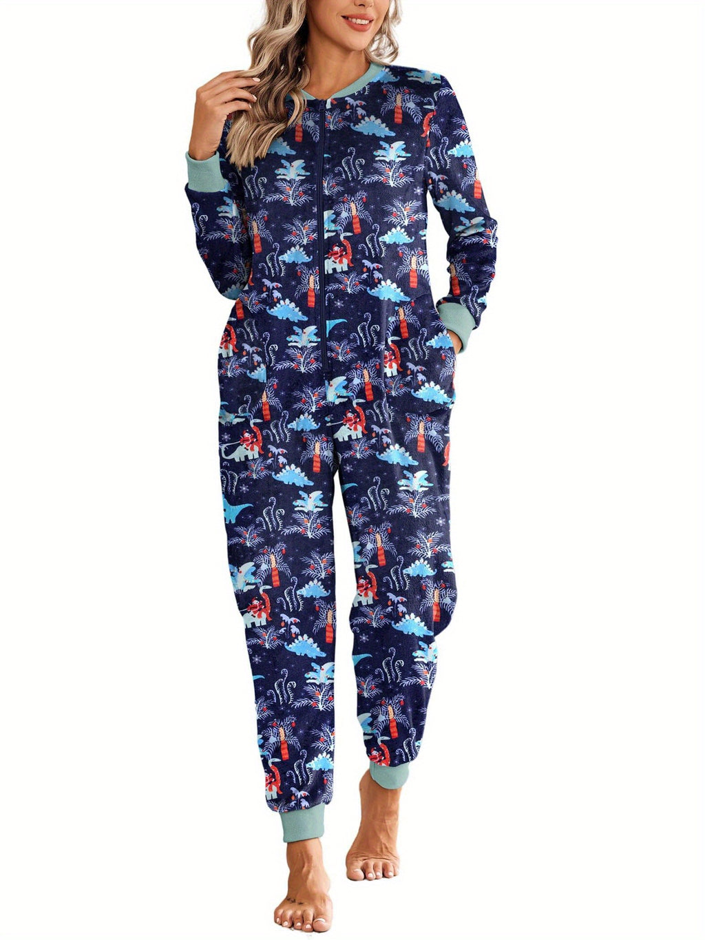 Christmas Pajamas for Family Fleece Long Sleeve Pjs Onesie Jumpsuit with Pockets Zipper Front Sleepwear S-XXL