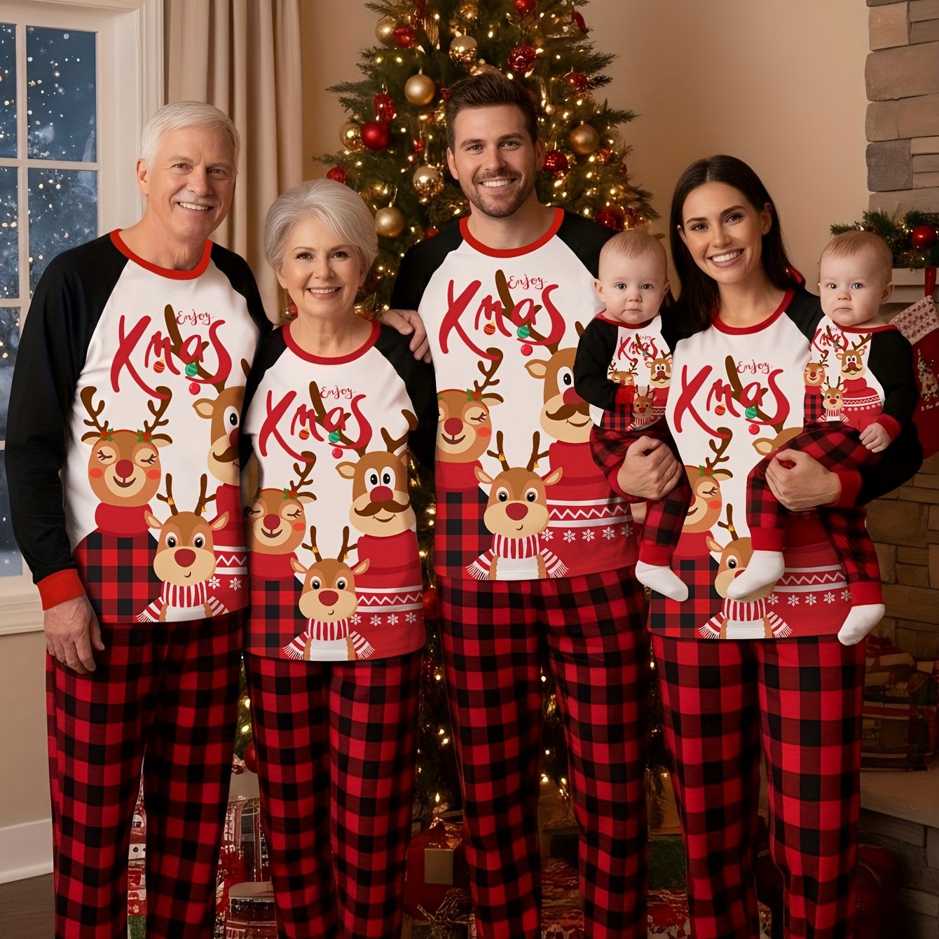 MOSSRIVER Christmas Family Matching Soft Reindeer Print Pajama Set - Cozy Long Sleeve & Pants, Red & Black Plaid Design with Santa & Reindeer, Perfect for Holiday Celebrations, All-Season Comfort, Christmas Pajamas, Christmas