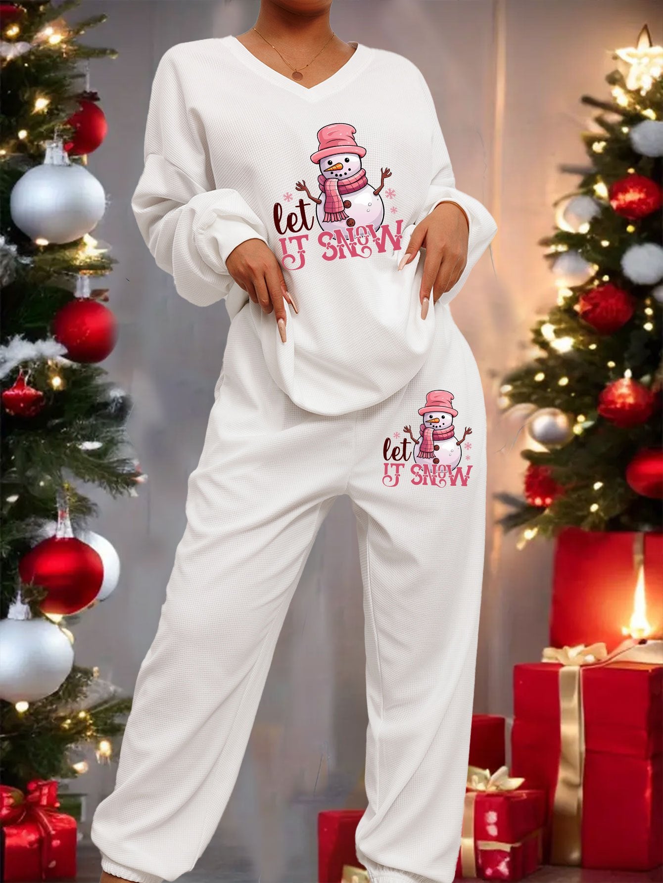 Women'S Plus Size Christmas Snowman Print Lounge Set - Cozy Fleece Pants with "Let It Snow" Design, Long Sleeve, Casual Winter Wear, Perfect for Holiday Celebrations, Christmas Pajamas