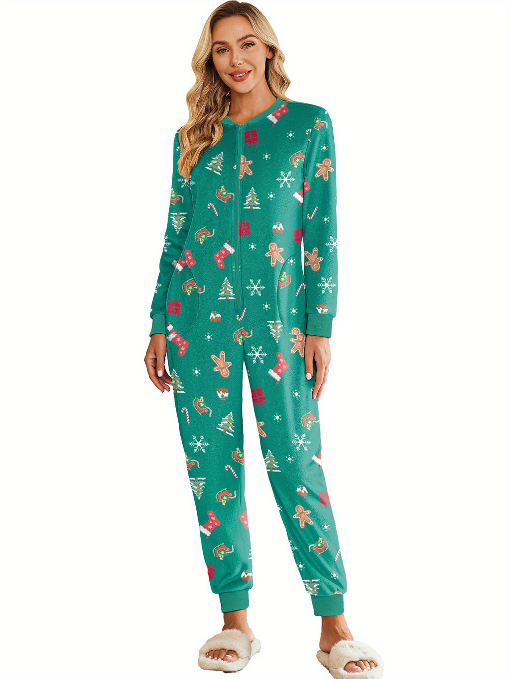 Christmas Pajamas for Family Fleece Long Sleeve Pjs Onesie Jumpsuit with Pockets Zipper Front Sleepwear S-XXL