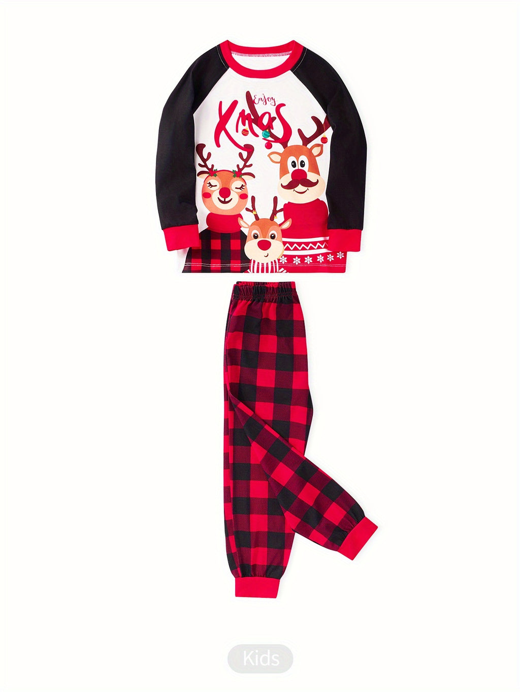 MOSSRIVER Christmas Family Matching Soft Reindeer Print Pajama Set - Cozy Long Sleeve & Pants, Red & Black Plaid Design with Santa & Reindeer, Perfect for Holiday Celebrations, All-Season Comfort, Christmas Pajamas, Christmas