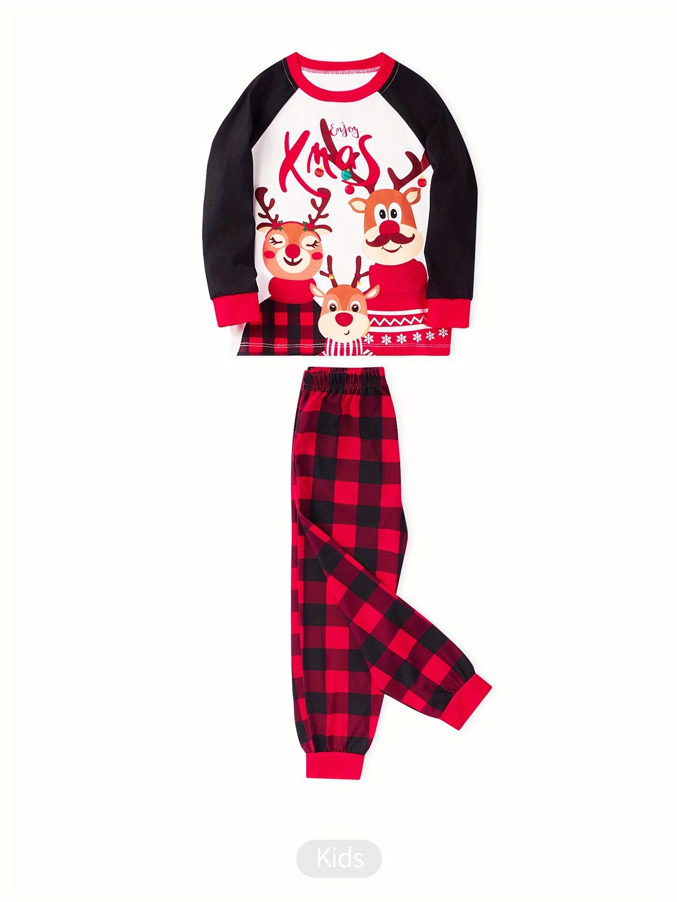 MOSSRIVER Christmas Family Matching Soft Reindeer Print Pajama Set - Cozy Long Sleeve & Pants, Red & Black Plaid Design with Santa & Reindeer, Perfect for Holiday Celebrations, All-Season Comfort, Christmas Pajamas, Christmas