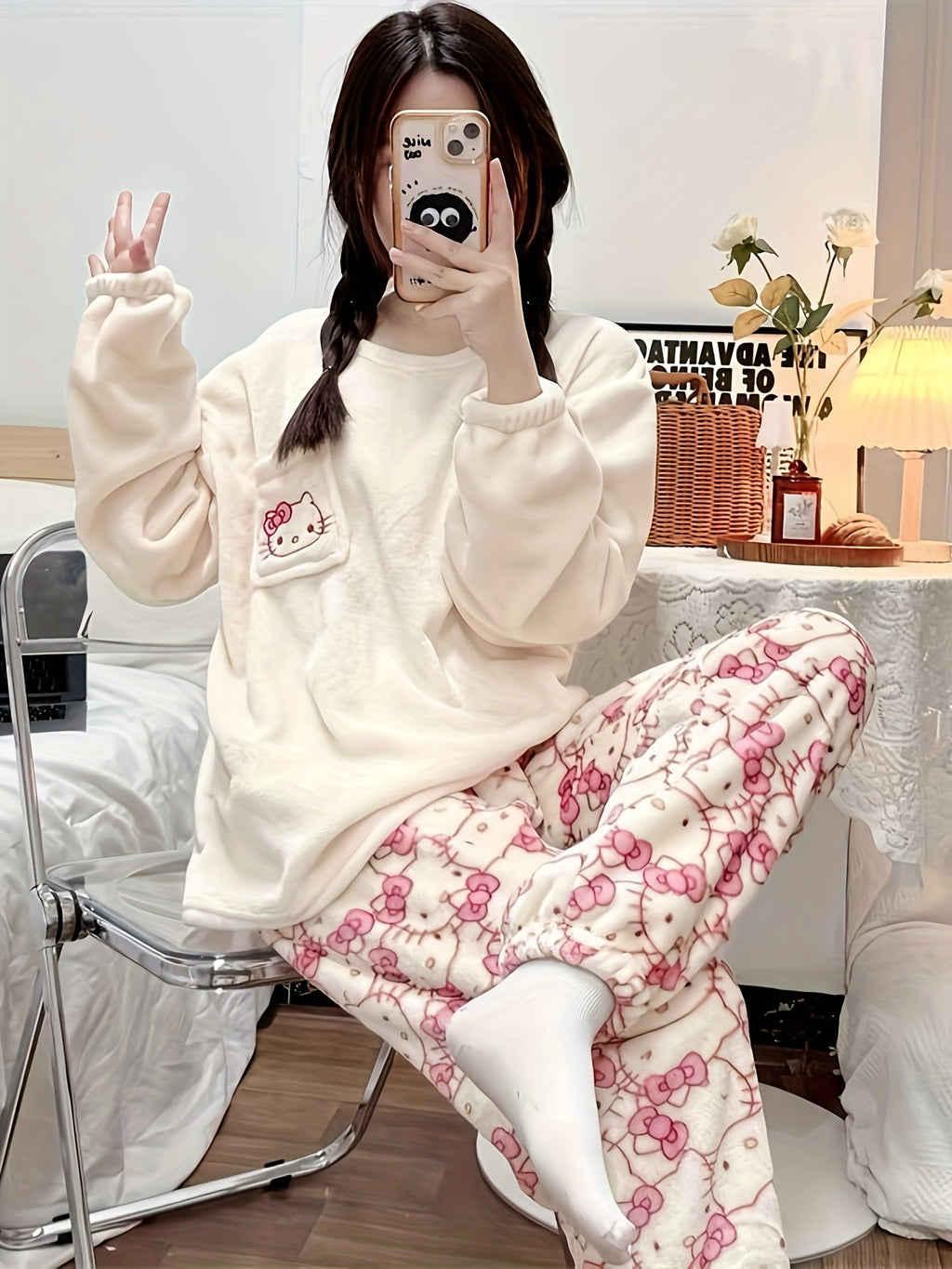 Y2K Sanrio Genuine Hello Kitty Winter Warm Fleece Pajamas Set Style Home Clothes Set Soft And Warm, Christmas Pajamas Women, Cat Pajamas for Women