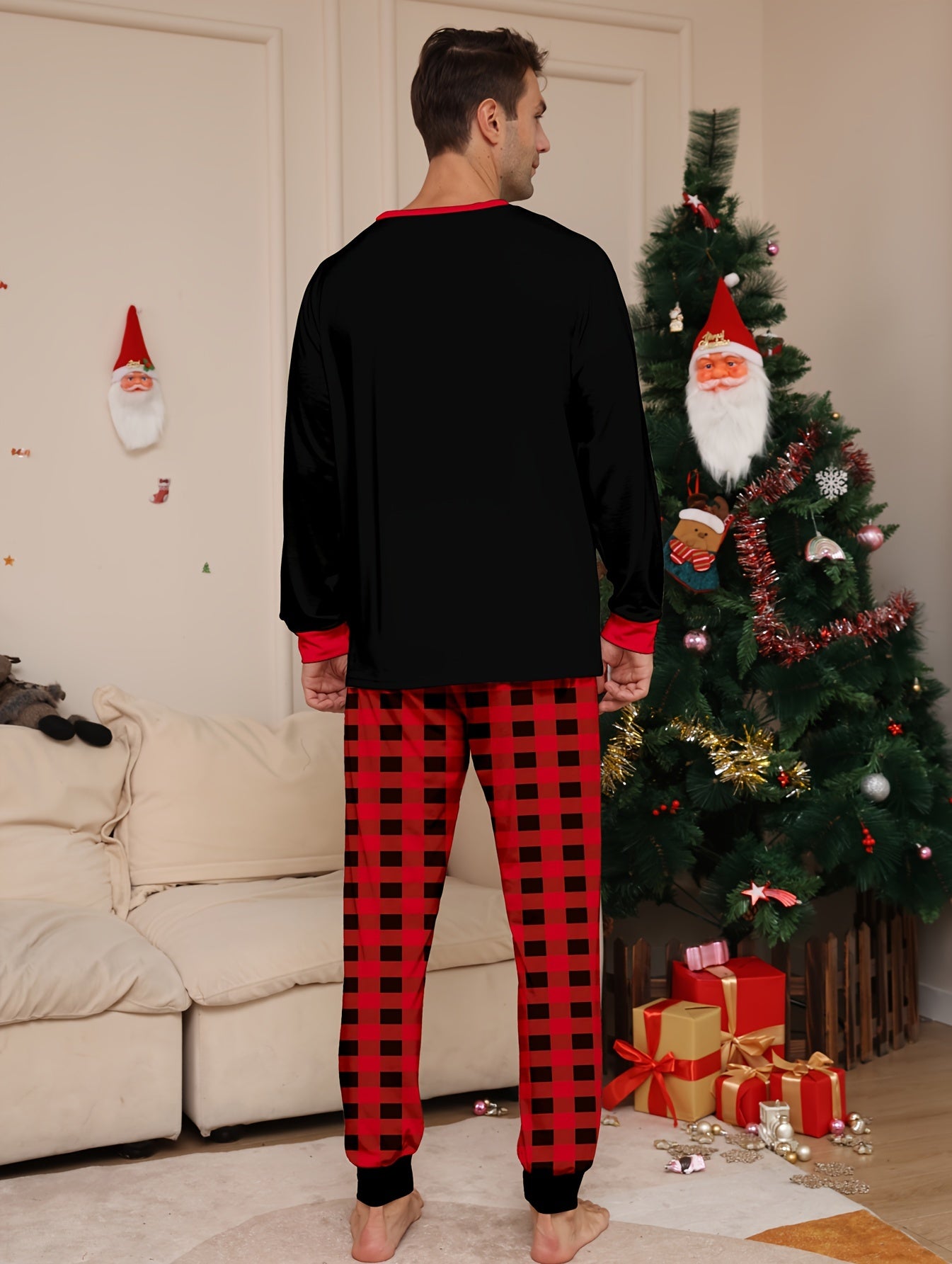 Men's Trendy Casual Christmas Pajamas Sets, MERRY CHRISTMAS Letter Antler Graphic Print Long Sleeve Crew Neck Top & Plaid Loose Pants Lounge Wear