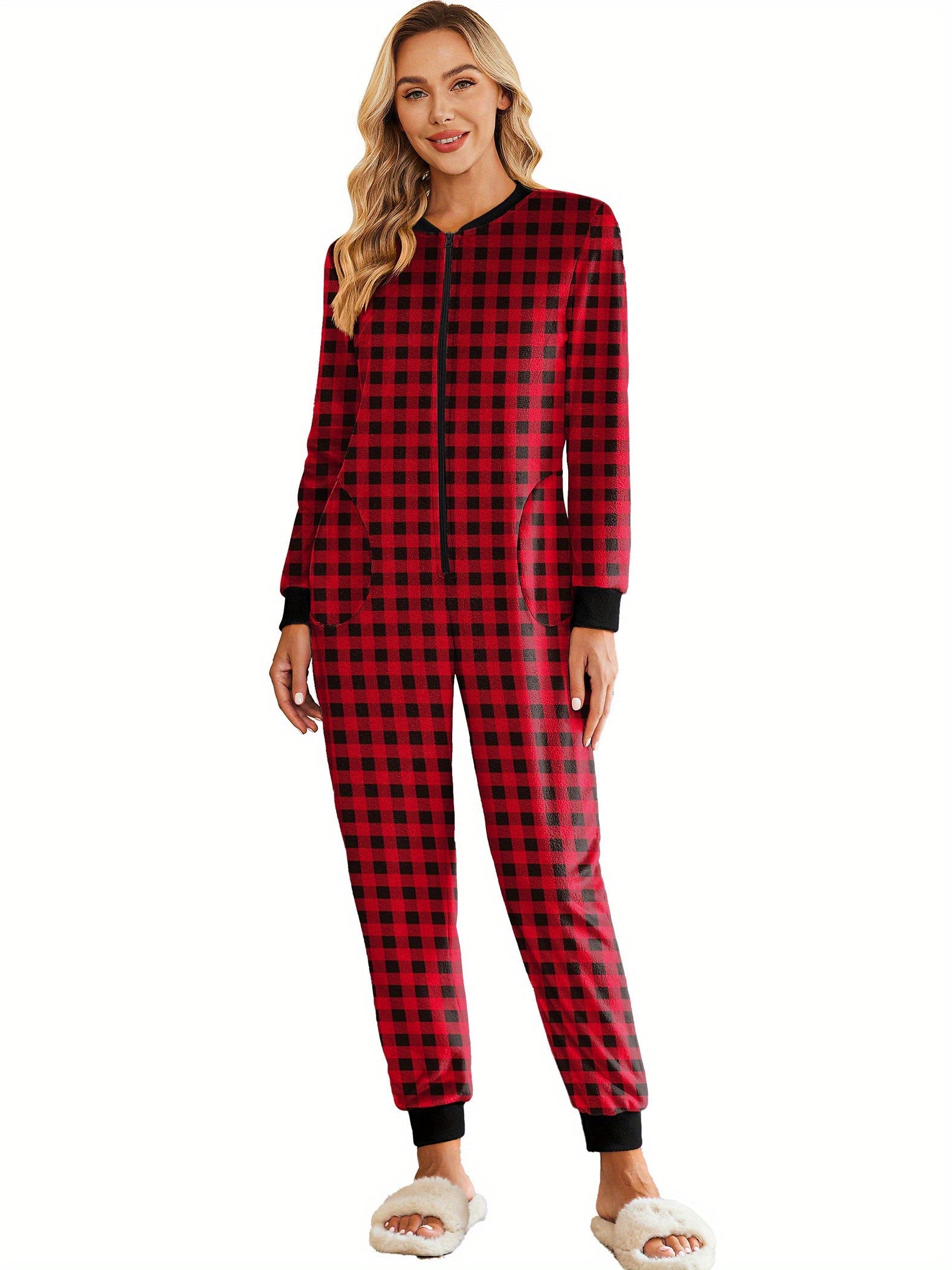 Christmas Pajamas for Family Fleece Long Sleeve Pjs Onesie Jumpsuit with Pockets Zipper Front Sleepwear S-XXL