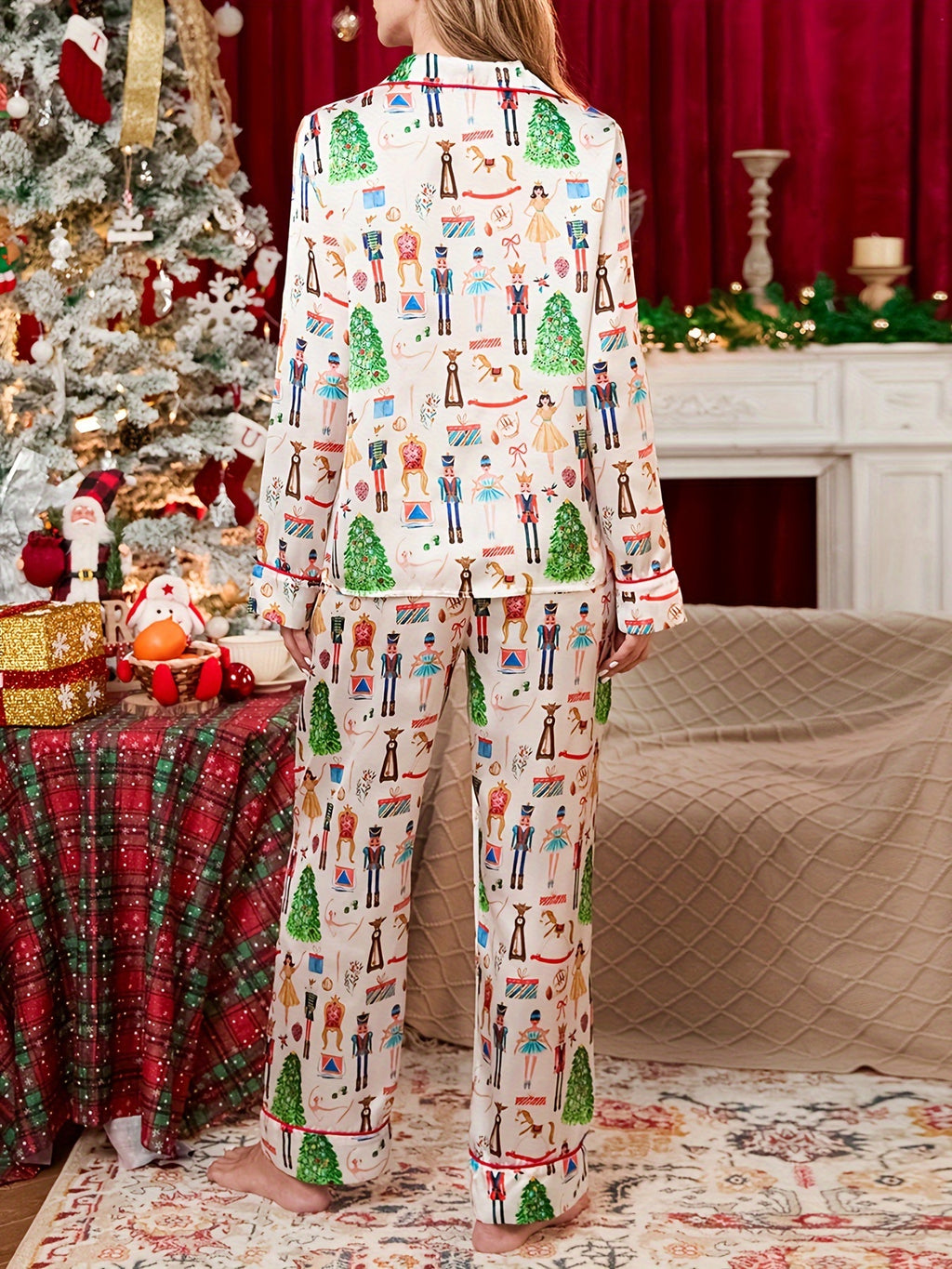 Satin Christmas Pajamas Set For Women, Cute Santa Claus Pjs Button Up Shirt+Pants, 2 Piece Xmas Jammies