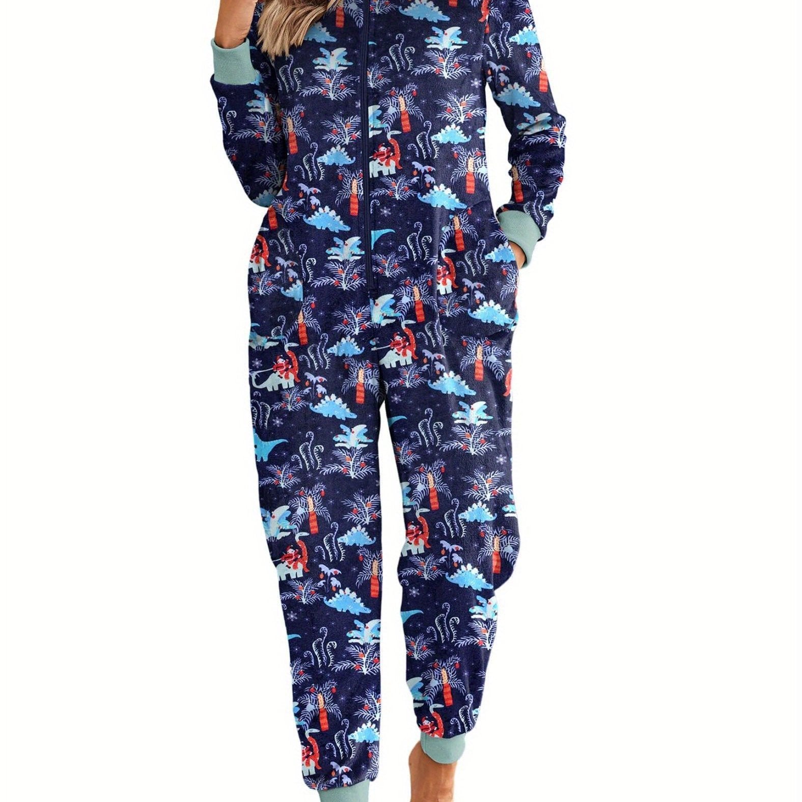 Christmas Pajamas for Family Fleece Long Sleeve Pjs Onesie Jumpsuit with Pockets Zipper Front Sleepwear S-XXL