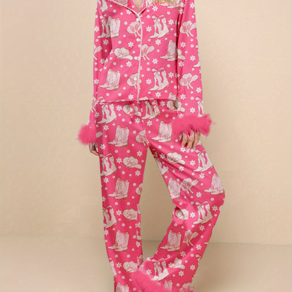 Women Christmas Pajamas Lounge Set Santa/Christmas Tree/Boots Print Shirts Tops And Pants 2 Piece Loungewear Outfits