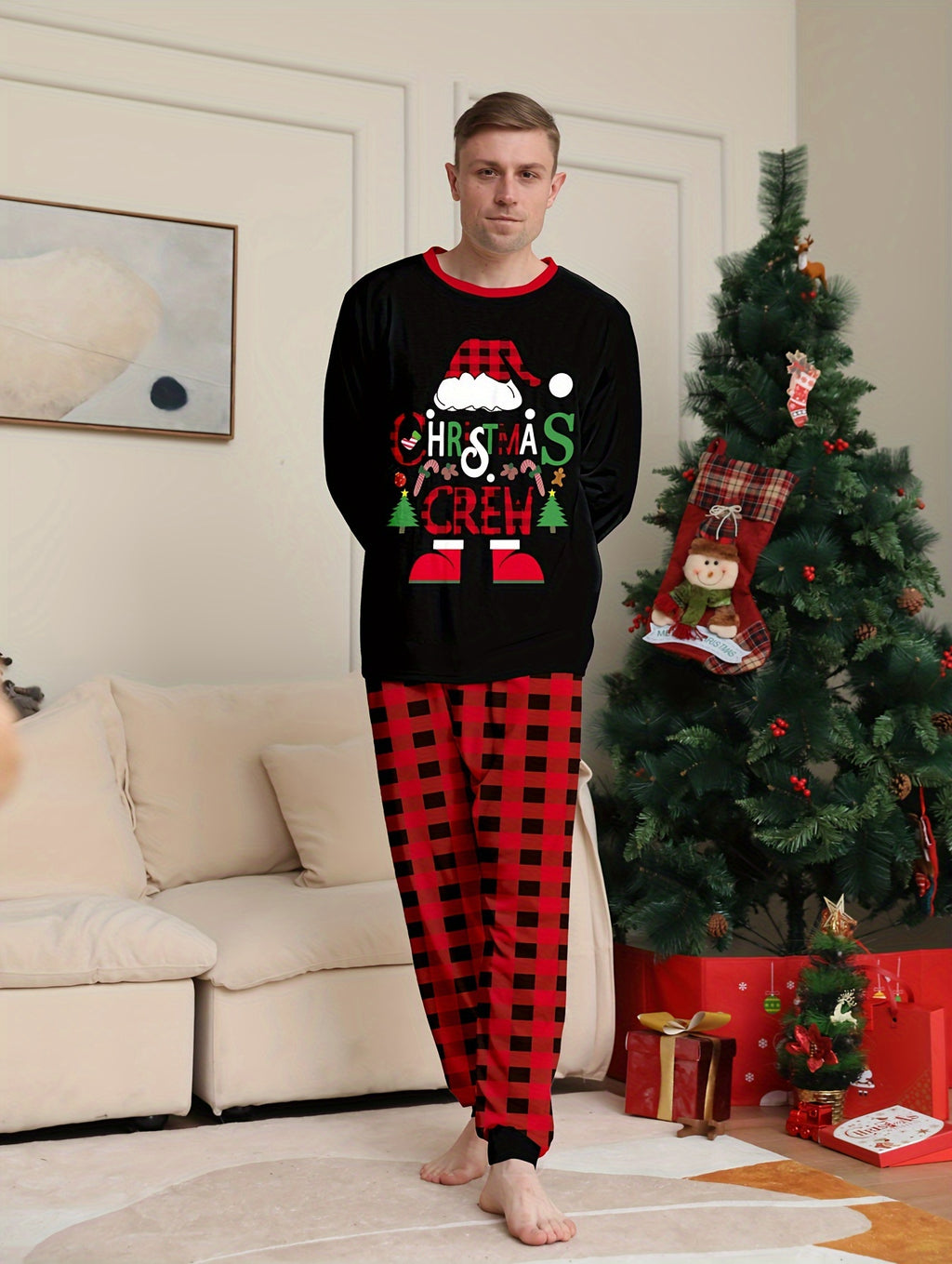 Men's Trendy Casual Christmas Pajamas Sets, MERRY CHRISTMAS Letter Antler Graphic Print Long Sleeve Crew Neck Top & Plaid Loose Pants Lounge Wear