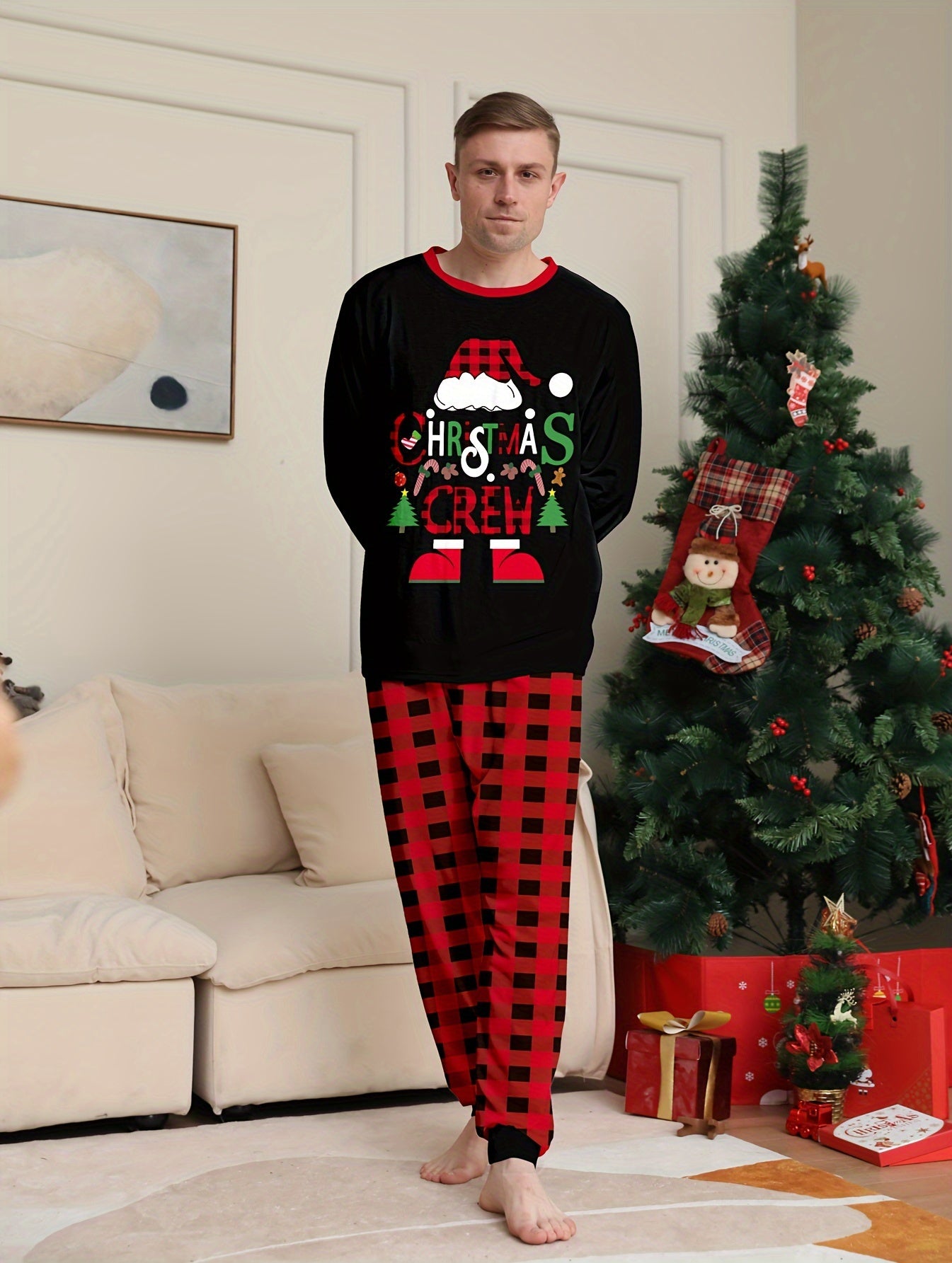 Men's Trendy Casual Christmas Pajamas Sets, MERRY CHRISTMAS Letter Antler Graphic Print Long Sleeve Crew Neck Top & Plaid Loose Pants Lounge Wear