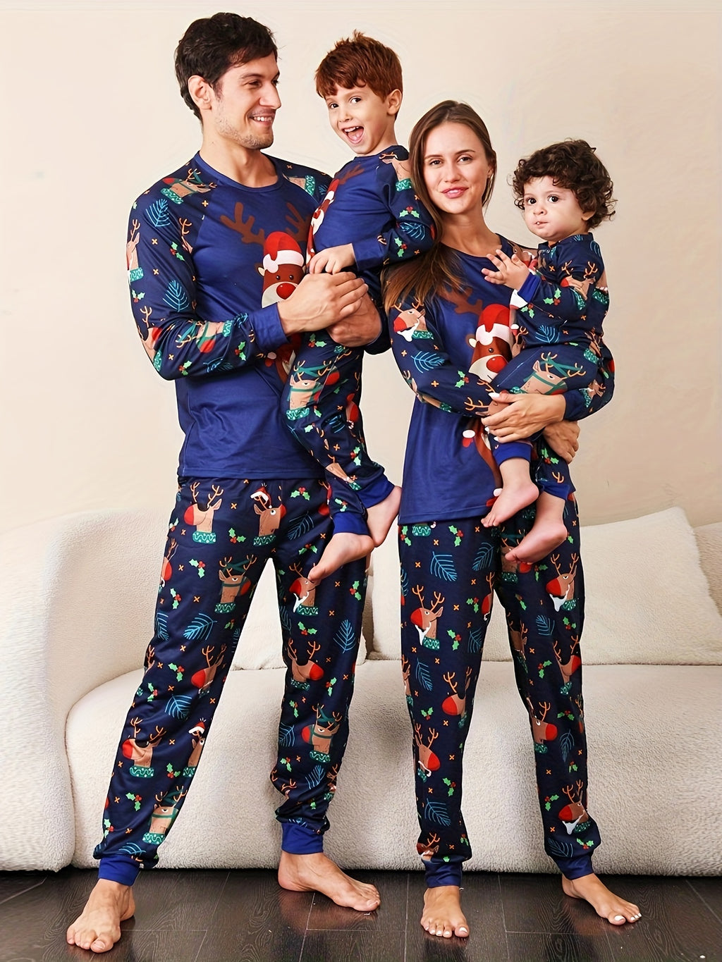 Family Matching Christmas Reindeer Pajama Set - Cozy Long Sleeve Crew Neck, Soft Polyester Blend, Machine Washable - Perfect for Youngsters, Women, and Men, Christmas Pajamas Family Set