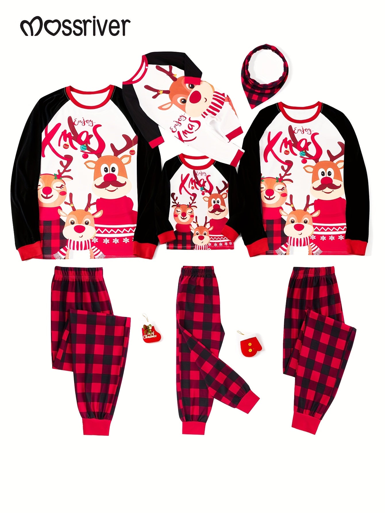 MOSSRIVER Christmas Family Matching Soft Reindeer Print Pajama Set - Cozy Long Sleeve & Pants, Red & Black Plaid Design with Santa & Reindeer, Perfect for Holiday Celebrations, All-Season Comfort, Christmas Pajamas, Christmas