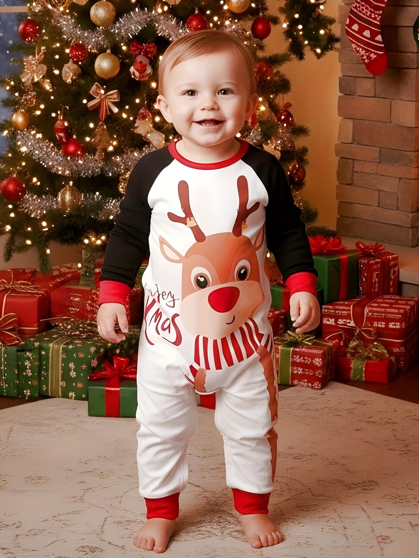 MOSSRIVER Christmas Family Matching Soft Reindeer Print Pajama Set - Cozy Long Sleeve & Pants, Red & Black Plaid Design with Santa & Reindeer, Perfect for Holiday Celebrations, All-Season Comfort, Christmas Pajamas, Christmas
